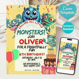 Modello Canva per invito di compleanno a tema mostro / Divertente invito modificabile per feste per bambini / Download immediato / Stampabile per festa di compleanno a tema mostro colorato