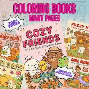 以下が含まれることがあります： 「Cozy Friends」や「Fuzzy Hygge」などのタイトルが付いた、カラフルな塗り絵本のコレクション。かわいいイラストと「Instant Download」の文字が特徴です。画像には「Coloring Books Many Pages」と「200+ Pages」の文字も含まれています。
