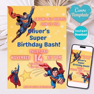 Modelo de convite de aniversário de super-herói no Canva | Convite editável para meninos | Download digital instantâneo | Design Super Bash | Tamanho 5x7