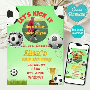 Convite de aniversário de futebol | Convite para festa de futebol infantil | Modelo editável do Canva | Cartão de aniversário esportivo para impressão instantânea