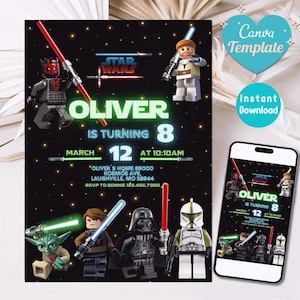 Könnte beinhalten: Eine schwarze Star Wars-Geburtstagseinladung mit Lego-Figuren von Darth Maul, Obi-Wan Kenobi, Darth Vader und anderen. Die Einladung lautet "Oliver wird 8" mit dem Datum 12. März um 10:10 Uhr. Ein Smartphone zeigt die Einladung an.