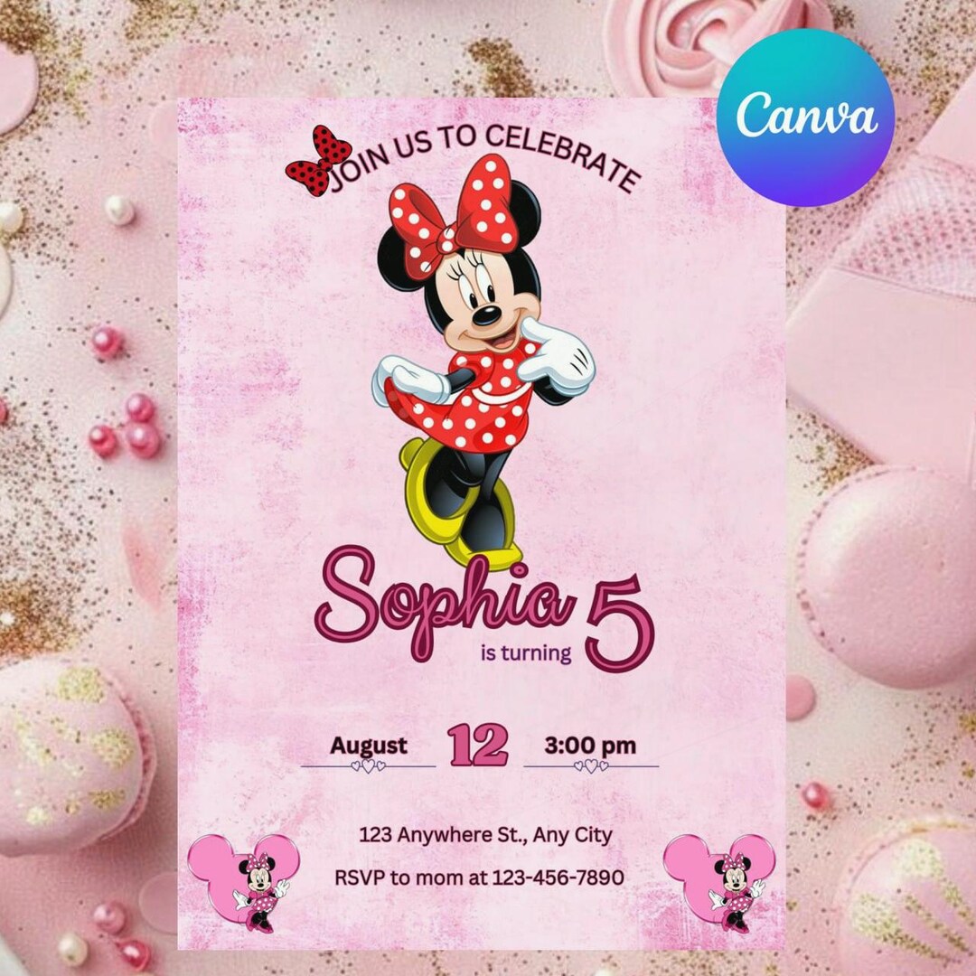 Editable Pink Minnie Mouse Birthday Invitation, Watercolor Girls ...