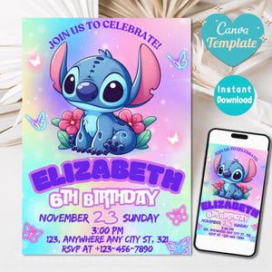 Stitch Birthday Invitation Template | Editable Cartoon Bday Evite and Fun Canva Design for Kids Party, Instant Download