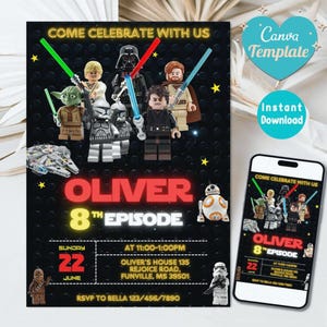 以下が含まれることがあります： 黒色の招待状。レゴスターウォーズのキャラクター、ダース・ベイダーやヨーダなどが描かれています。「Come Celebrate With Us」と「Oliver 8th Episode」の文字。スマートフォンにも招待状が表示されています。「Canva Template」と「Instant Download」の文字も含まれています。