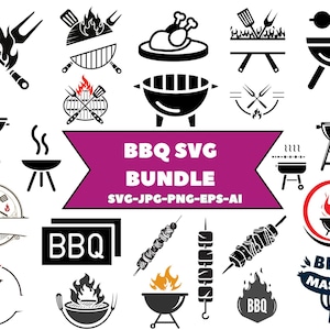 Könnte beinhalten: Eine Sammlung von schwarz-weißen Grafiken zum Thema Grillen. Das Bild enthält Illustrationen von Grills, Flammen, Spießen und den Text "BBQ SVG BUNDLE". Das Bundle enthält SVG-, JPG-, PNG-, EPS- und AI-Dateiformate.
