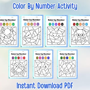 Animal Color By Number Pages For Kids,Animal Coloring Pages,Printable Color By Number,Preschool Coloring Page,Animal Games,DIGITAL DOWNLOAD