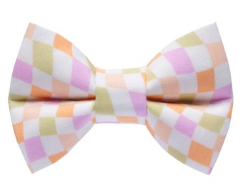 Cat Bow Tie - "The Game Plan" - Cream with Pastel Check Bow Tie for Cat Collar / Summer, Retro / Cat, Kitten + Small Dog Bowtie