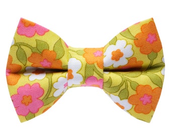 Cat Bow Tie - "The Glamper" - Retro Floral Print Bow Tie for Cat Collar / Floral, Summer, Yellow / Cat, Kitten + Small Dog Bowtie