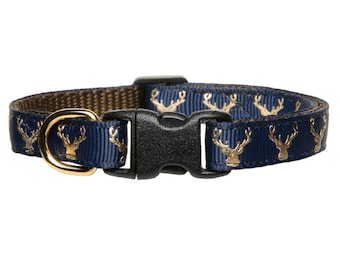 Cat Collar - "The Big League" - Navy with Metallic Gold Deer