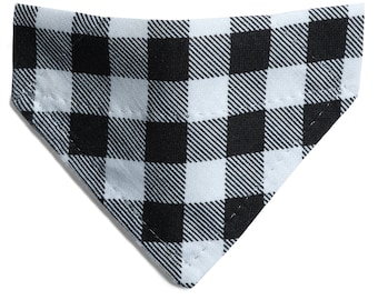 Cat Bandana - "The Snow Day" - Holiday Plaid Bandana for Cat + Small Dog / Black, White Christmas / Over-the-Collar Bandana