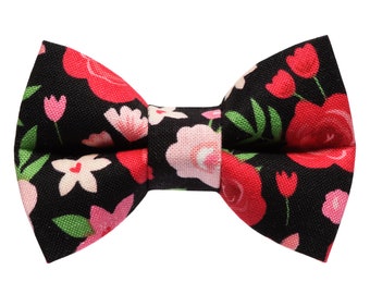 Cat Bow Tie - "The Small Town Romance" - Black Red Pink Floral Valentines Day Print