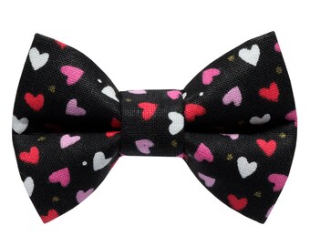 Cat Bow Tie - "The Swipe Right" - Black with Red Pink White Hearts Valentines