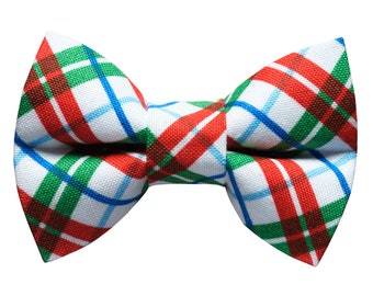 Cat Bow Tie - "The Claus + Effect" - Holiday Bow Tie for Cat Collar / Christmas, White, Red, Green Plaid / Cat, Kitten + Small Dog Bowtie