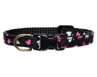 Cat Collar - "The Swipe Right" - Black Valentines with Hearts and Metallic Gold Dot Fabric