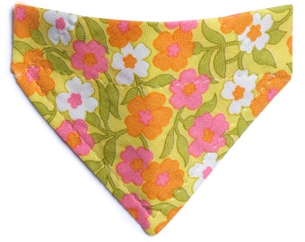 Cat Bandana - "The Glamper" - Retro Yellow Floral Print Bandana for Cat + Small Dog / Yellow, Pink, Flowers  / Over-the-Collar Bandana