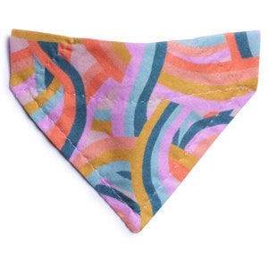 May include: A pink, blue, orange, and yellow patterned dog bandana with a geometric design.