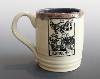 Handmade Coffee or Tea Cup Mug Tarot Theme in Blue and White Judgement