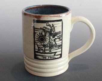 Handmade Coffee or Tea Cup Mug Tarot Theme in Blue and White The Fool