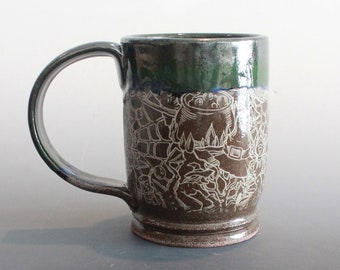 Handmade Stoneware Coffee or Tea Mug cup Halloween Spiderweb witches cauldron theme in Metallic Green and Brown