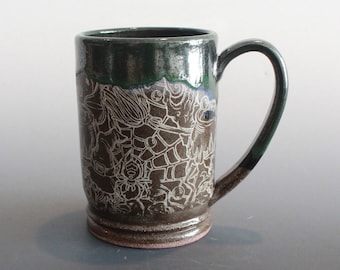 Handmade Stoneware Coffee or Tea Mug cup Halloween Spiderweb witches cauldron theme in Metallic Green and Brown