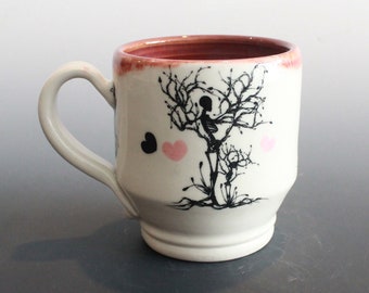 Handmade Coffee or Tea Cup Mug Skeleton Forever Family Theme in Cranberry and White