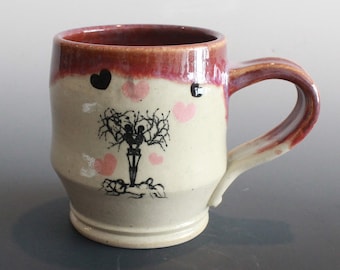 Handmade Coffee or Tea Cup Mug Skeleton Theme Love is Forever Cranberry and White