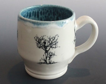 Handmade Coffee or Tea Cup Mug Skeleton Tree of Life Theme in Aqua and White