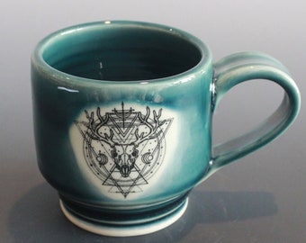 Handmade Porcelain Cup In Forest Green Deer Skull Theme