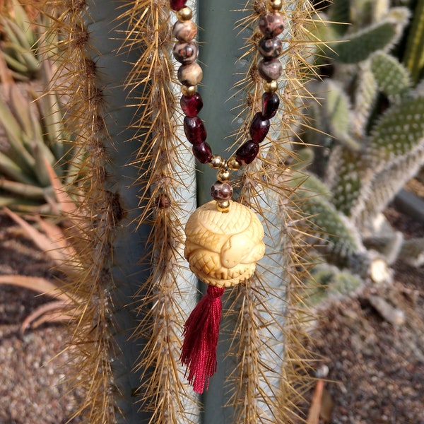 Carved Bone Snake Necklace Asian Style with Garnet and Jasper Beads and Gold Tone Spacer Beads