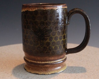 Ceramic Mug or Cup Bee in Brown and Yellow Handmade Mug 16 Oz