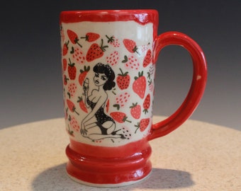 Ceramic Coffee or Tea Cup 18 Ounce Pinup Girls and Strawberries