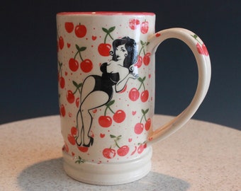 Mug or Cup 20 Ounce Capacity Pinup Girls and Cherries in Red and White
