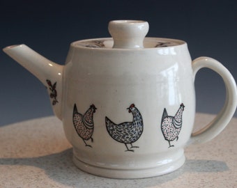 Teapot Ceramic Handmade with Chickens in Red and White 20 Ounces