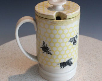 Handmade Ceramic Cup Mug with Lid 22 Ounce Bees and Honeycomb