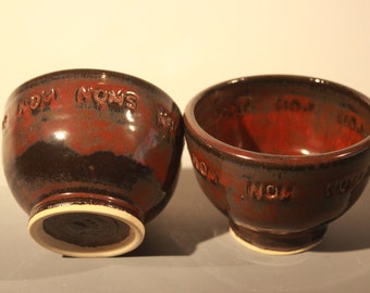 Pair of Handmade Ceramic Bowls "Nom Noms" in Reds and Browns for Miso or Ice Cream