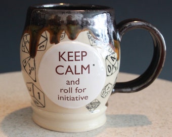 16 Ounce Coffee Mug or Tea Cup in Brown and Cream RPG Keep Calm and Roll for Initiative