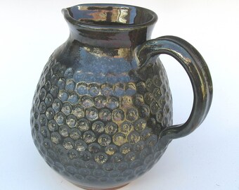 Deep Green Stoneware Jug Pitcher Textured with Flowers