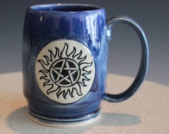 Cup or Mug Handmade Ceramic 22 Ounces Supernatural Fan Art Anti Possession in Blue