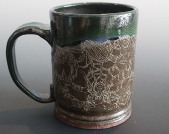Handmade Stoneware Coffee or Tea Mug cup Halloween Spiderweb witches cauldron theme in Metallic Green and Brown