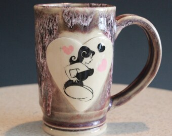 Ceramic Coffee Cup Tea Mug Pinup Girl and Heart in Raspberry and Cream