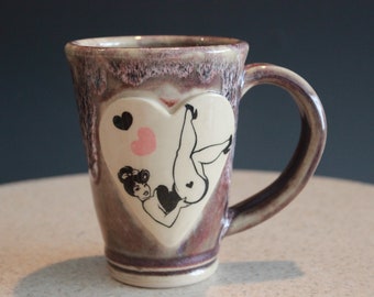Pinup Girl Coffee Cup Ceramic Handmade Tea Cup Mug in Raspberry and White
