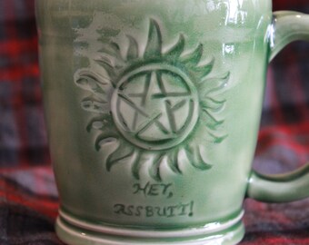 Stoneware Coffee or Tea Mug in Celadon Green, Supernatural "Hey Assbutt!" Anti Possession Cup