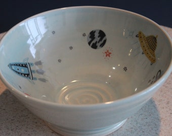 Handmade Ceramic Candy Bowl Ice Blue with Aliens and Rockets Spaceships