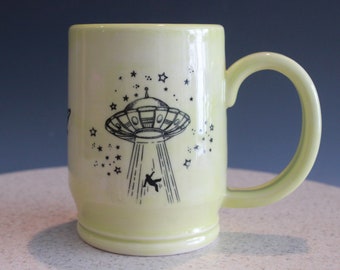 Ceramic Mug 24 Ounces Handmade UFO Spaceship Alien Cup in Pale Green