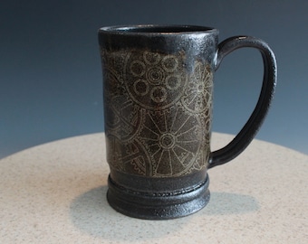 Ceramic Cup Steampunk Gears Handmade 24 Ounce Mug for Coffee or Tea