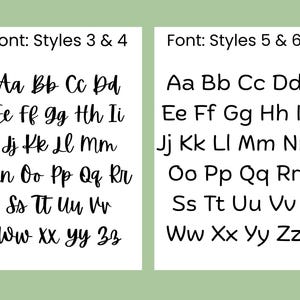 May include: Two white rectangular cards with black lettering showcasing different font styles. The left card displays font styles 3 & 4, while the right card shows styles 5 & 6. The background is a light green color.