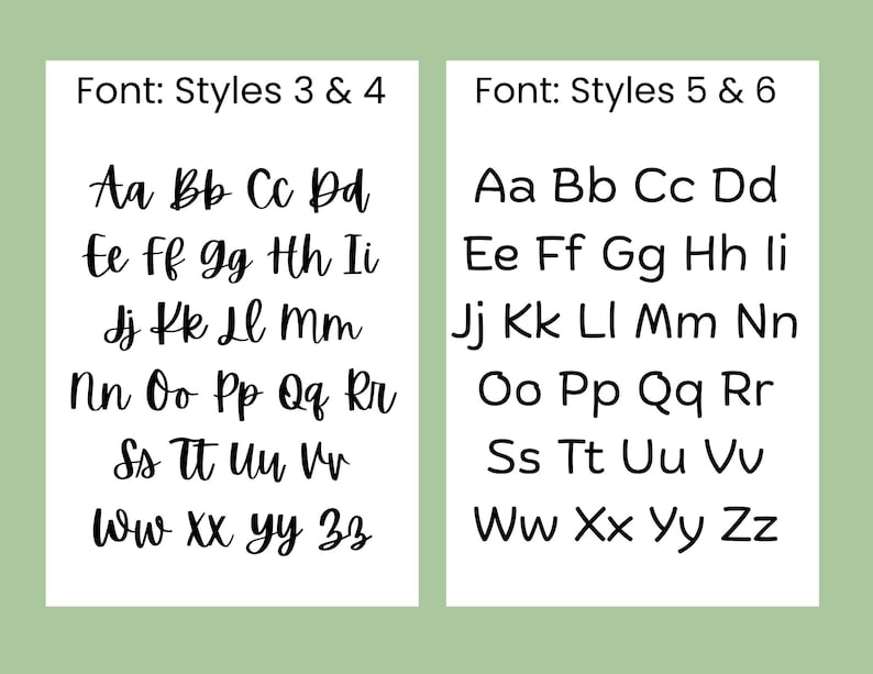 May include: Two white rectangular cards with black lettering showcasing different font styles. The left card displays font styles 3 & 4, while the right card shows styles 5 & 6. The background is a light green color.