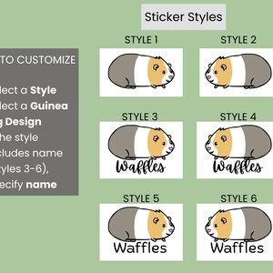 May include: A guide to customizing guinea pig stickers. The image shows six sticker styles featuring guinea pig designs. Styles 3-6 include the name "Waffles". Instructions on how to customize are on the left.