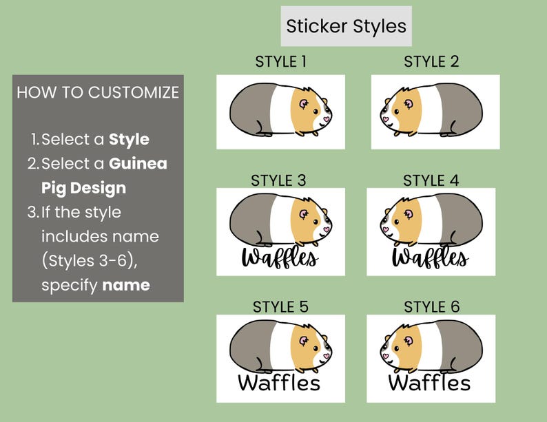 May include: A guide to customizing guinea pig stickers. The image shows six sticker styles featuring guinea pig designs. Styles 3-6 include the name "Waffles". Instructions on how to customize are on the left.