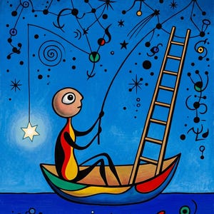 Surreal Night Fisherman AI Art Print | Miró-Style | Stars Moon Fish Boat | Digital Download | Wall Art | Celestial Fantasy